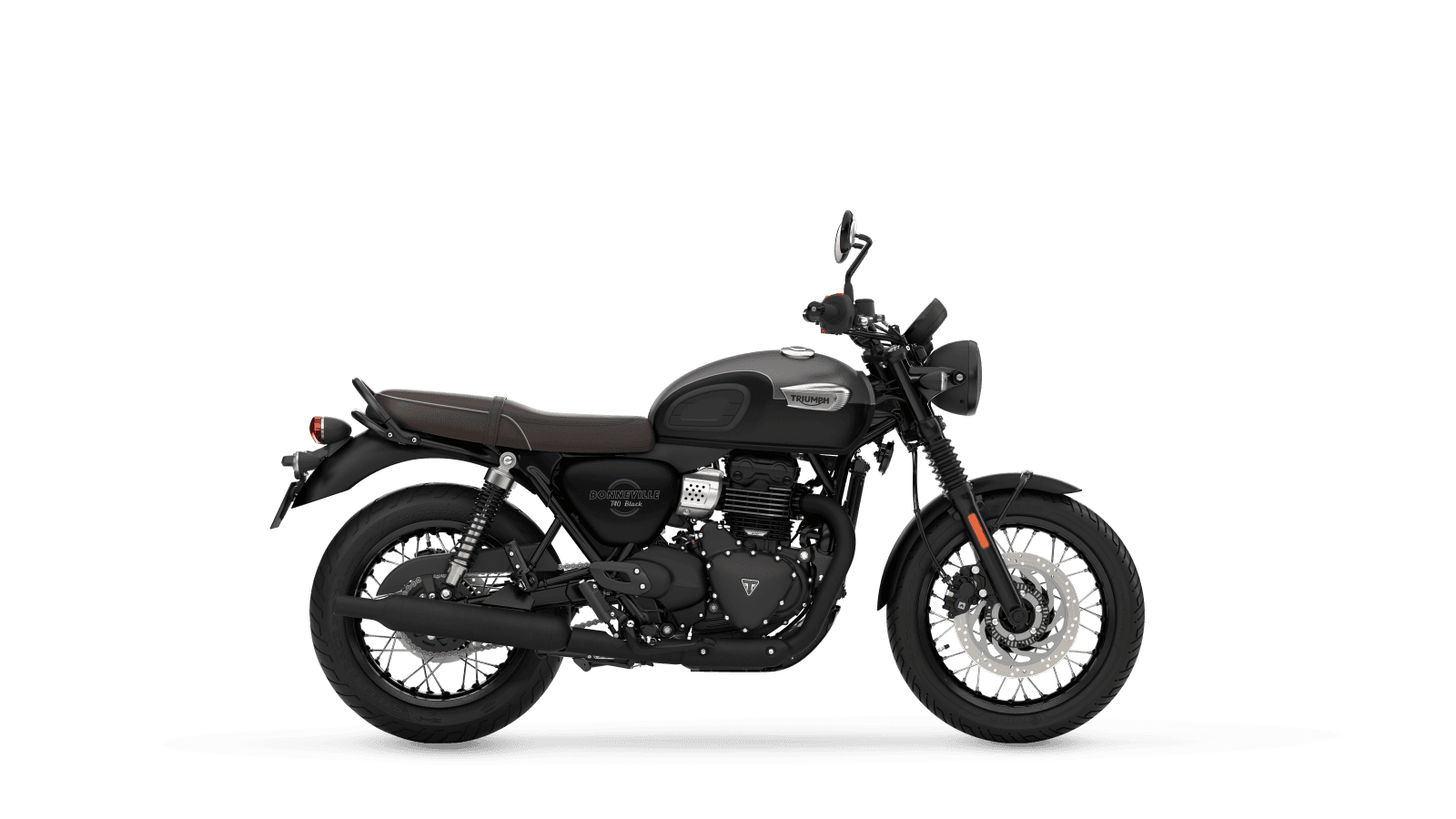 Triumph Bonneville T40 Black cinza e preta fosca com banco marrom, vista de perfil