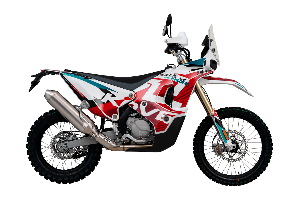 Kove 450 Rally 2026 nas cores branco e vermelho, moto de rali
