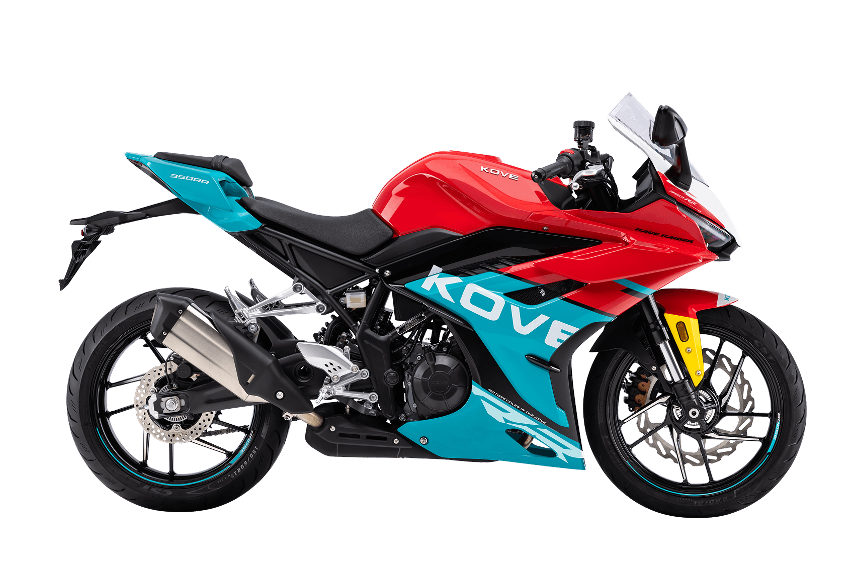 Kove 350RR nas cores vermelho e azul, esportiva carenada