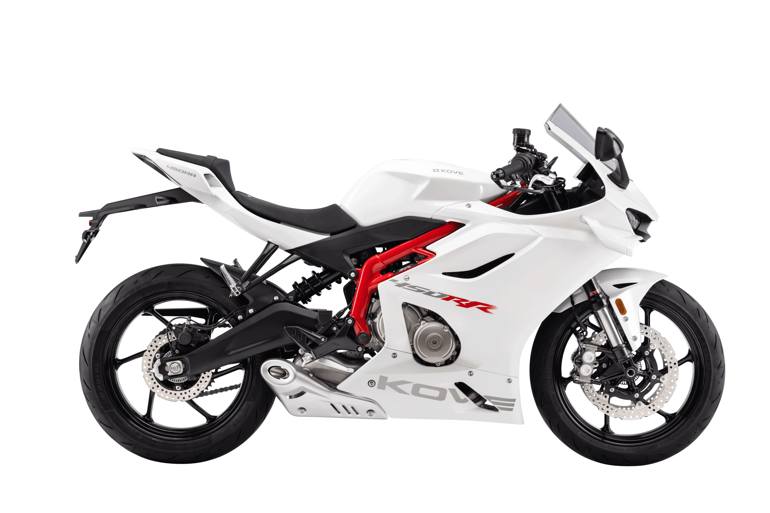 Kove 450RR branca, esportiva carenada, vista de perfil